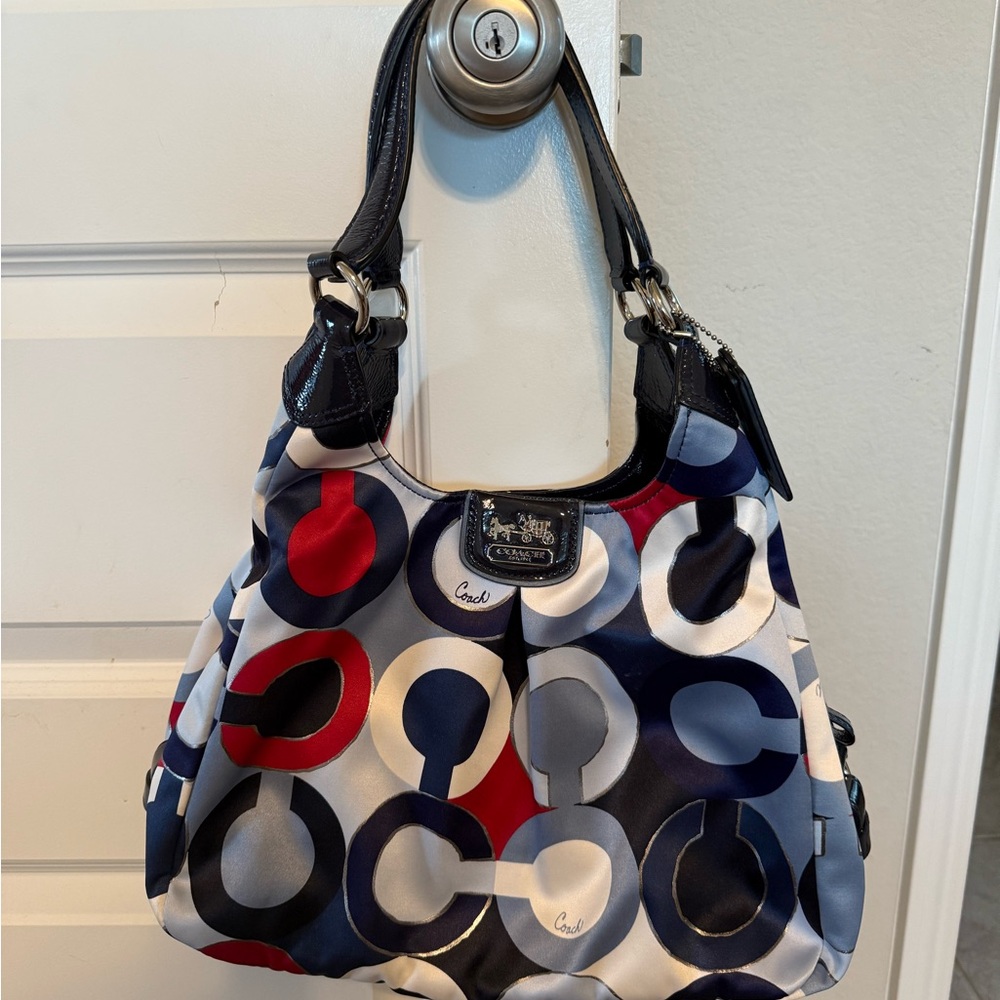 Coach Red and Blue Shoulder Bag with Bold Circle Pattern